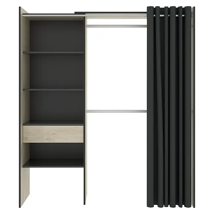 Dekit Armario para ropa Suit - L x An x Al: 50 x 160 x 205 cm, Natural/Grafito, Melamina - Imagen de un armario con estantes, un cajón y una cubierta de cortina oscura, ideal para guardar ropa y accesorios.