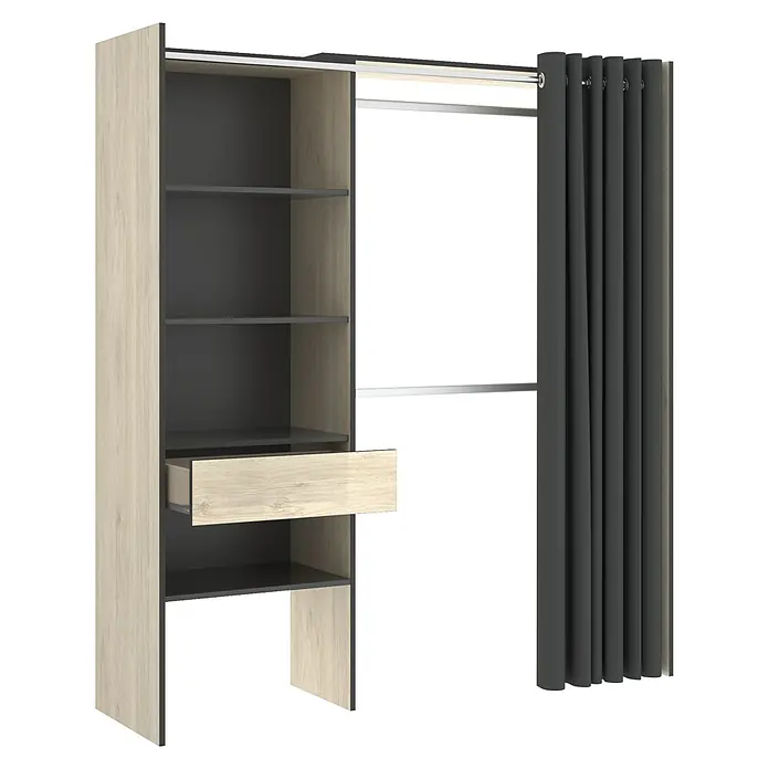 Dekit Armario para ropa Suit - L x An x Al: 50 x 160 x 205 cm, Natural/Grafito, Melamina - Imagen de un armario con estantes, un cajón y una cortina. El armario es de madera clara y gris.