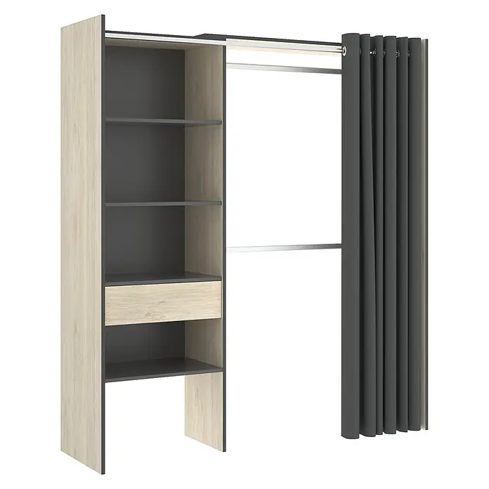 Dekit Armario para ropa Suit - L x An x Al: 50 x 160 x 205 cm, Natural/Grafito, Melamina - Elegante sistema de armario con estantes, cajón y cortina que proporciona un espacio de almacenamiento elegante para ropa y accesorios.
