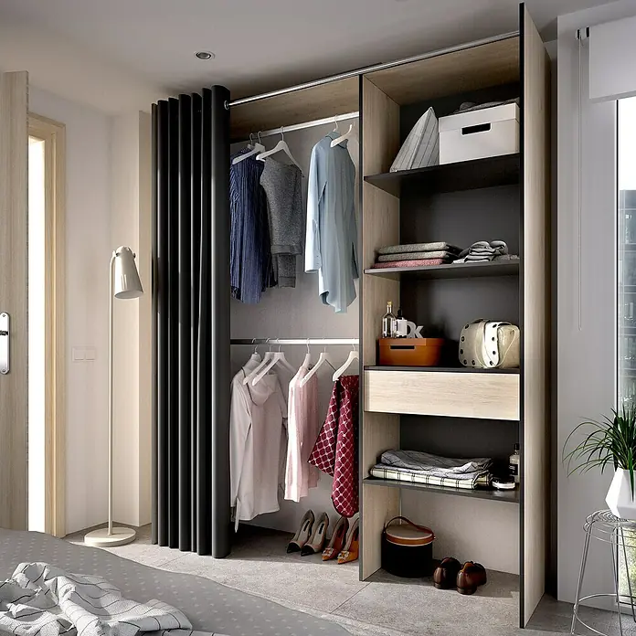 Dekit Armario para ropa Suit - L x An x Al: 50 x 160 x 205 cm, Natural/Grafito, Melamina - Amplio armario con ropa y estantes diseñado para el almacenamiento ordenado de accesorios de moda y objetos personales.