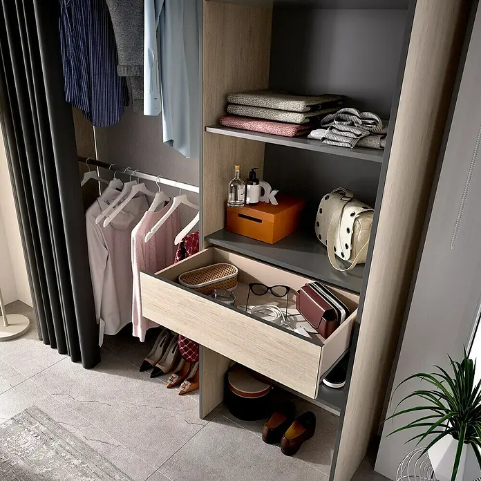 Dekit Armario para ropa Suit - L x An x Al: 50 x 160 x 205 cm, Natural/Grafito, Melamina - Vista de un vestidor con cajón abierto y ropa en perchas. Solución de almacenamiento práctica y elegante.