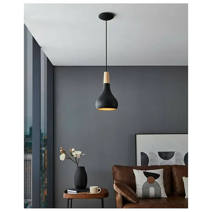 Eglo Lámpara colgante redonda Sabinar - 40 W, Ø x Al: 18 x 110 cm, Negro, Negro, E27 - Lámpara colgante moderna con pantalla negra y detalles en madera, que cuelga elegantemente en la habitación y proporciona una iluminación elegante.