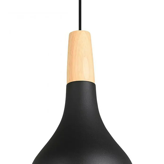 Eglo Lámpara colgante redonda Sabinar - 40 W, Ø x Al: 18 x 110 cm, Negro, Negro, E27 - Primer plano de una lámpara colgante con una pantalla de metal negro y una sección superior de madera.