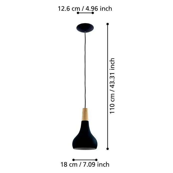 Eglo Lámpara colgante redonda Sabinar - 40 W, Ø x Al: 18 x 110 cm, Negro, Negro, E27 - Imagen de una lámpara colgante moderna con detalles en negro y tonos de madera, junto con sus dimensiones.