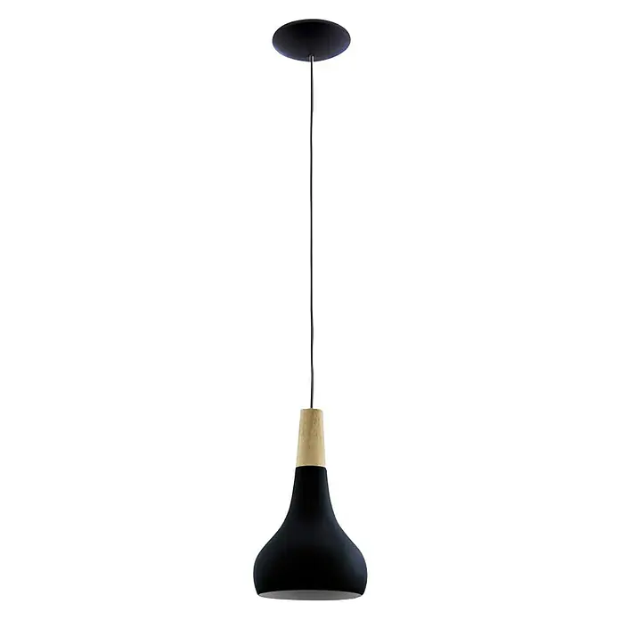 Eglo Lámpara colgante redonda Sabinar - 40 W, Ø x Al: 18 x 110 cm, Negro, Negro, E27 - Elegante lámpara colgante en forma de lágrima de color negro con un detalle de madera natural. Ideal para interiores modernos y luz acogedora.