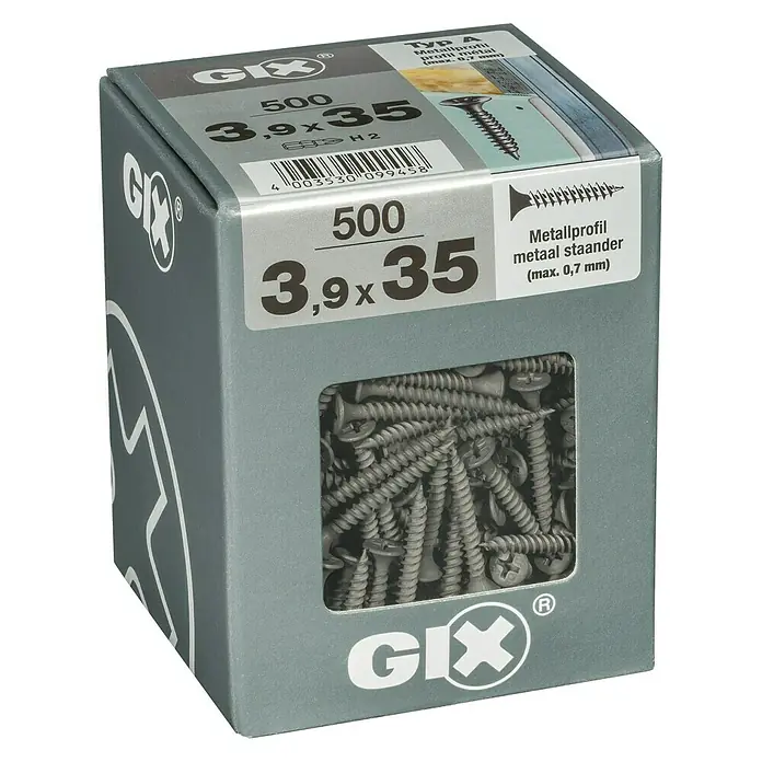Spax Trockenbauschraube GIX A - Durchmesser: 3,9 mm, Länge: 35 mm, Trompetenkopf, 500 Stk. - Eine Schachtel GIX-Schrauben, Typ A, geeignet für Metallprofile bis zu 0,7 mm Dicke, mit den Maßen 3,9 x 35 mm, Inhalt 500 Stück.