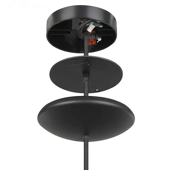 Eglo Lámpara colgante redonda Sabinar - 40 W, Ø x Al: 40 x 110 cm, Negro, Negro, E27 - Primer plano de una lámpara colgante negra con tres discos y cableado, que cuelga del techo.