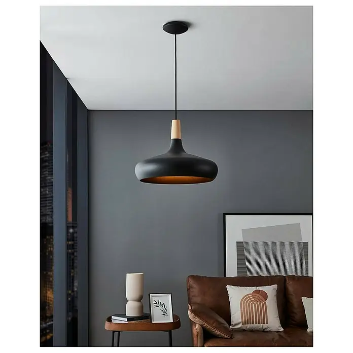 Eglo Lámpara colgante redonda Sabinar - 40 W, Ø x Al: 40 x 110 cm, Negro, Negro, E27 - Lámpara colgante moderna con pantalla negra y detalles de madera, creando un ambiente elegante. Ideal para salones y comedores.