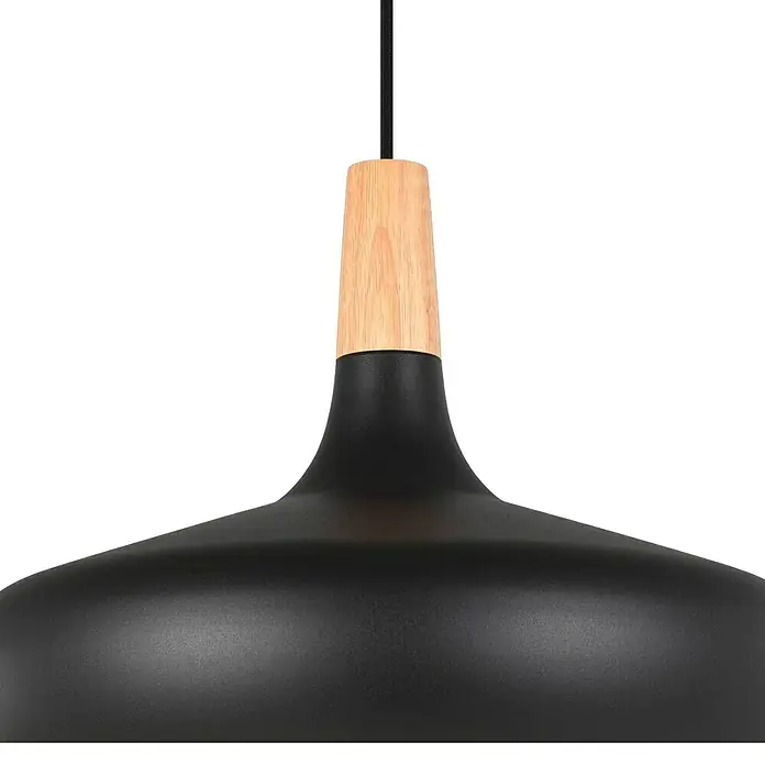 Eglo Lámpara colgante redonda Sabinar - 40 W, Ø x Al: 40 x 110 cm, Negro, Negro, E27 - Primer plano de una lámpara colgante negra moderna con colgador de madera, que muestra un elegante elemento de diseño para interiores.