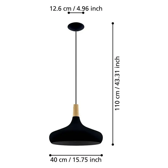 Eglo Lámpara colgante redonda Sabinar - 40 W, Ø x Al: 40 x 110 cm, Negro, Negro, E27 - Ilustración de una lámpara colgante con dimensiones de 40 cm / 15,75 pulgadas (ancho), 12,6 cm / 4,96 pulgadas (montaje en techo) y 110 cm / 43,31 pulgadas (alto).