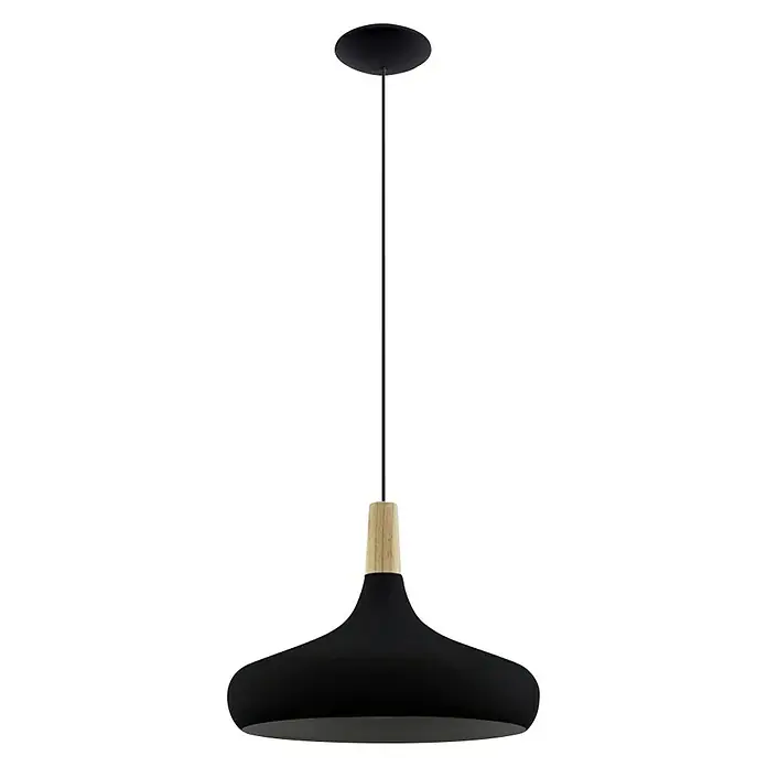 Eglo Lámpara colgante redonda Sabinar - 40 W, Ø x Al: 40 x 110 cm, Negro, Negro, E27 - Elegante lámpara colgante negra con un detalle de madera clara, ideal para espacios de vida modernos. Iluminación ambiental con estilo.