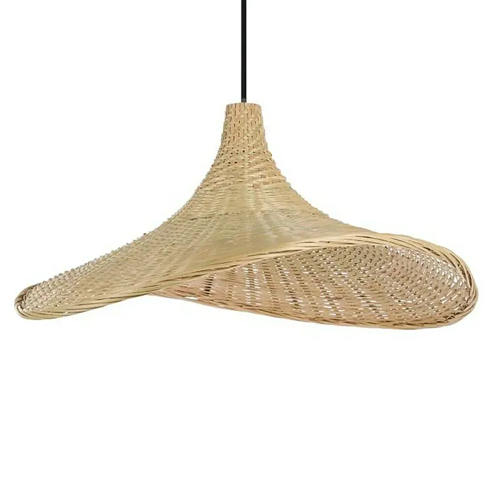 Eglo Lámpara colgante redonda Haxey - 40 W, Ø x Al: 50 x 110 cm, Madera, E27 - Elegante lámpara colgante de ratán. La lámpara tiene una forma ancha y curvada y cuelga del techo con un cable negro.