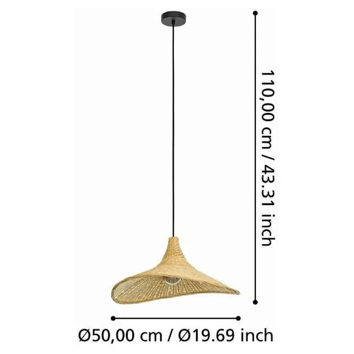 Eglo Lámpara colgante redonda Haxey - 40 W, Ø x Al: 50 x 110 cm, Madera, E27 - Imagen de una lámpara colgante de color natural con dimensiones de 50 cm de diámetro y 110 cm de altura, ideal para iluminación ambiental.