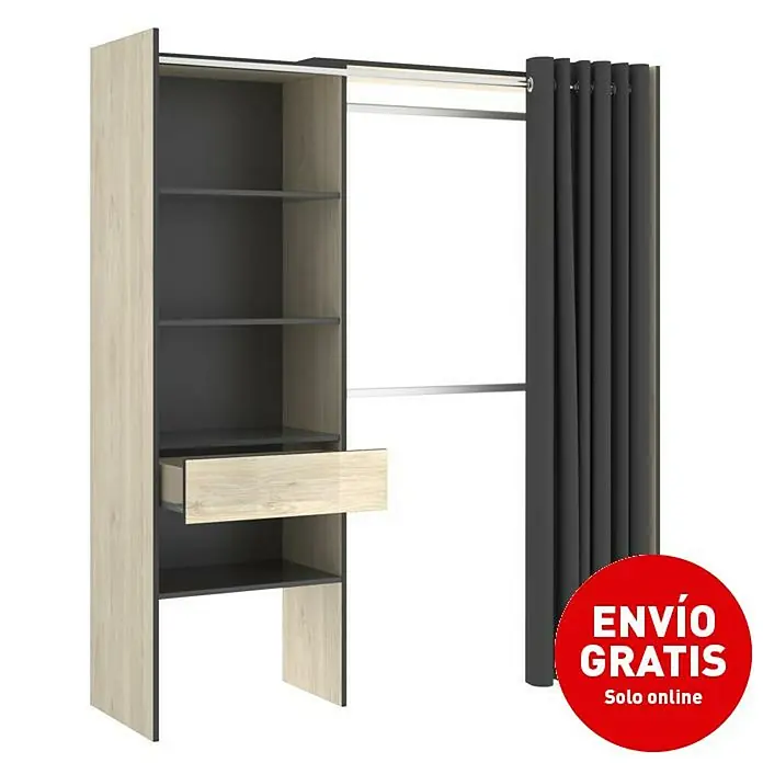 Dekit Armario para ropa Suit - L x An x Al: 50 x 160 x 205 cm, Natural/Grafito, Melamina - Un moderno conjunto de armario con estantes, un cajón y una cortina, ideal para soluciones de almacenamiento elegantes en el dormitorio.