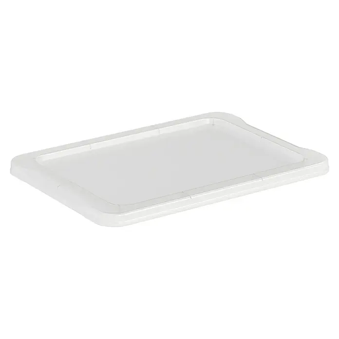 Rotho Clear Box-Deckel - Passend für: Rotho Clear Boxen 11 - 15 l, L x B x H: 39,3 x 28,3 x 1,8 cm, Transparent - Nahaufnahme eines transparenten Kunststoffdeckels für Lebensmittelbehälter, der ein einfaches Design und eine glatte Oberfläche aufweist.