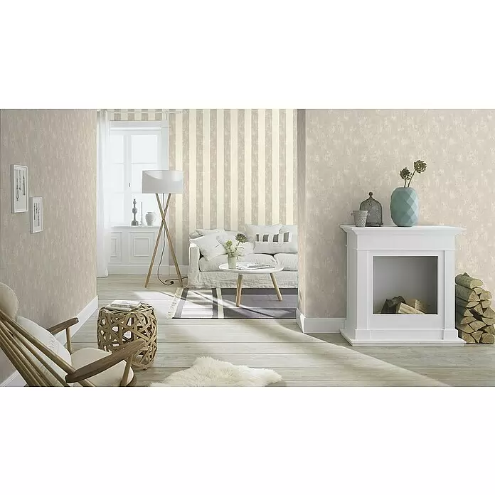 Rasch Tapetenwechsel 2 Vliestapete - Creme-Grau, Streifen, 10,05 x 0,53 m - Texturierte beige und gestreifte creme/beige Tapete an Wohnzimmerwänden.