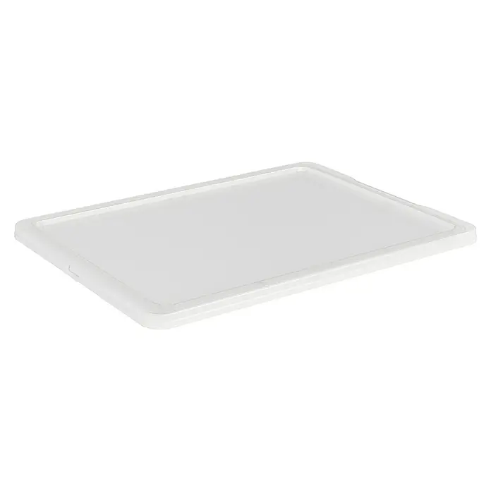 Rotho Clear Box-Deckel - Passend für: Rotho Clear Boxen 50 - 140 l, L x B x H: 79,1 x 59,3 x 2,8 cm, Transparent - Aufnahme einer rechteckigen, weißen Frischhaltedose mit transparentem Deckel, die sich ideal zum Aufbewahren von Lebensmitteln eignet.