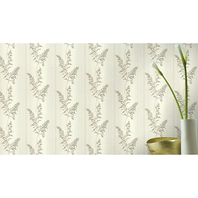 Rasch Tapetenwechsel 2 Vliestapete Blätter - Hellbeige, Floral, 10,05 x 0,53 m - Nahaufnahme einer Tapete mit Gräser-Motiv, die eine elegante und natürliche Raumatmosphäre schafft.