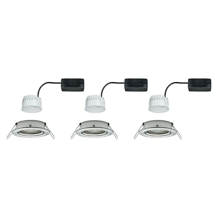Paulmann Nova LED-Einbauleuchten-Set - 6,5 W, 3 Stk., Warmweiß, Durchmesser: 8,4 cm, Eisen gebürstet - Nahaufnahme von drei kompletten LED-Deckeneinbaustrahler-Kits, bestehend aus Leuchte, Treiber und Anschlussdose.