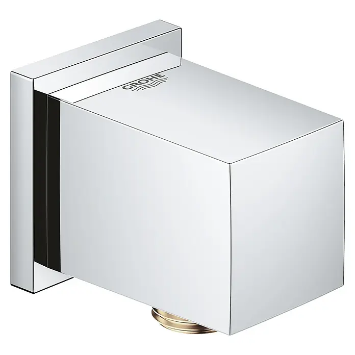 Grohe Euphoria Cube Brauseanschluss - ½″, Chrom - Nahaufnahme eines Grohe Wasserhahns, der ein minimalistisches, kubisches Design und eine glänzende Chromoberfläche aufweist.