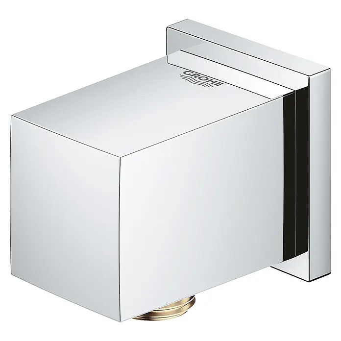 Grohe Euphoria Cube Brauseanschluss - ½″, Chrom - Nahaufnahme eines Grohe-Wandanschlusses mit quadratischem Design, glänzender Oberfläche und sichtbarem Grohe-Logo, der Eleganz und moderne Funktionalität vereint.