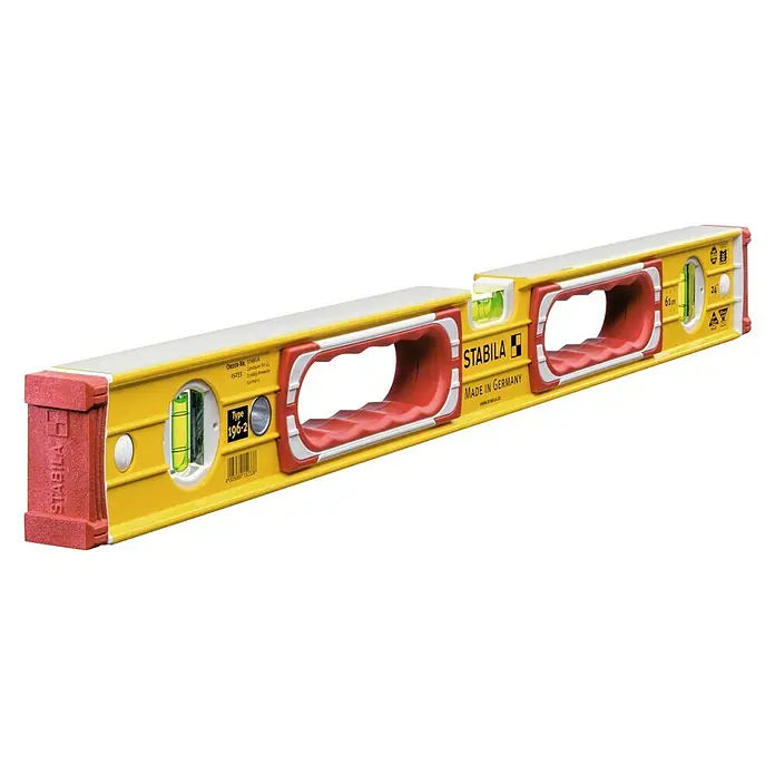 Stabila Wasserwaage Typ 196-2 - Länge: 100 cm, Anzahl Libellen: 3 Stk. - Gelbe Stabila Wasserwaage Typ 196-2 mit roten Griffen und drei Libellen für präzises horizontales und vertikales Ausrichten.