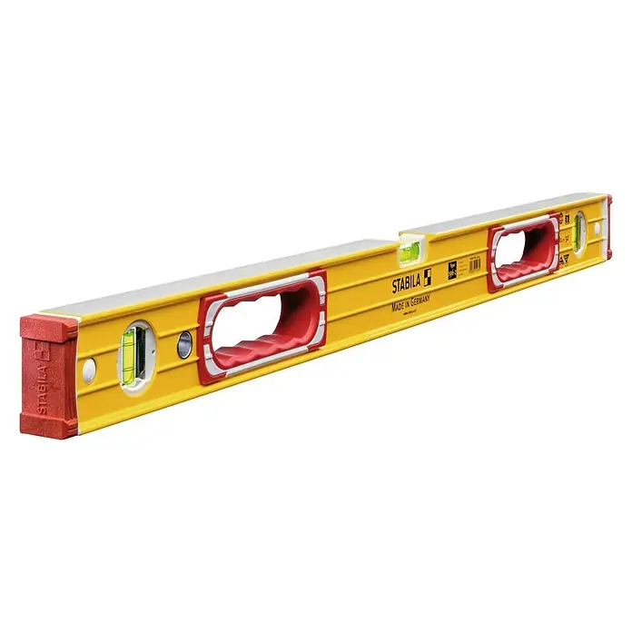 Stabila Wasserwaage Typ 196-2 - Länge: 81 cm, Anzahl Libellen: 3 Stk. - Gelbe Stabila Wasserwaage mit roten Griffen und gut sichtbaren Libellen für präzise Messungen im Bau- und Heimwerkerbereich.