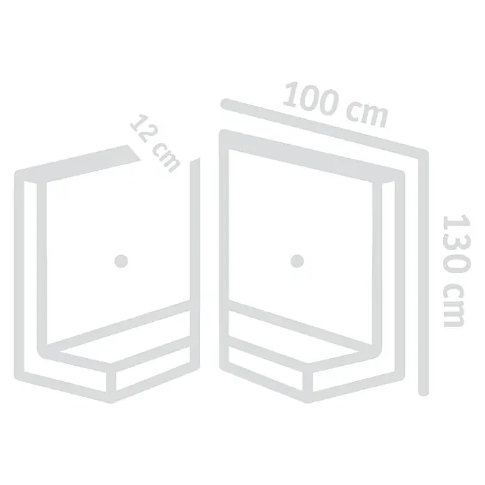 Diephaus L-Stein Außenecke - 130 cm, 100 cm, Stärke: 12 cm, Grau - Das Bild zeigt zwei Regale mit den Maßen 12 cm, 100 cm und 130 cm, die sich ideal für die Wandmontage eignen und praktischen Stauraum bieten.