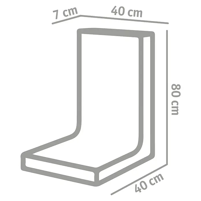 Diephaus L-Stein Außenecke - 80 cm, 40 cm, Stärke: 7 cm, Grau - Eine perspektivische Zeichnung eines Eckregals mit den Maßen 7 cm, 40 cm und 80 cm, das sich ideal für die Wandmontage eignet.