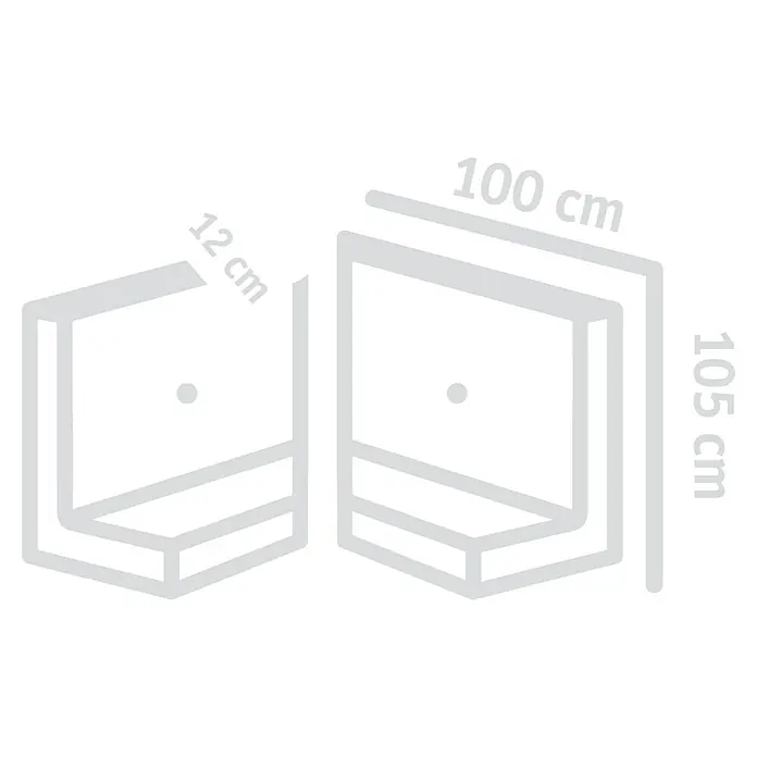 Diephaus L-Stein Außenecke - 105 cm, 100 cm, Stärke: 12 cm, Grau - Abbildung von zwei Regalen mit den Maßen 12 cm, 100 cm und 105 cm, die Stauraum und Organisation bieten.