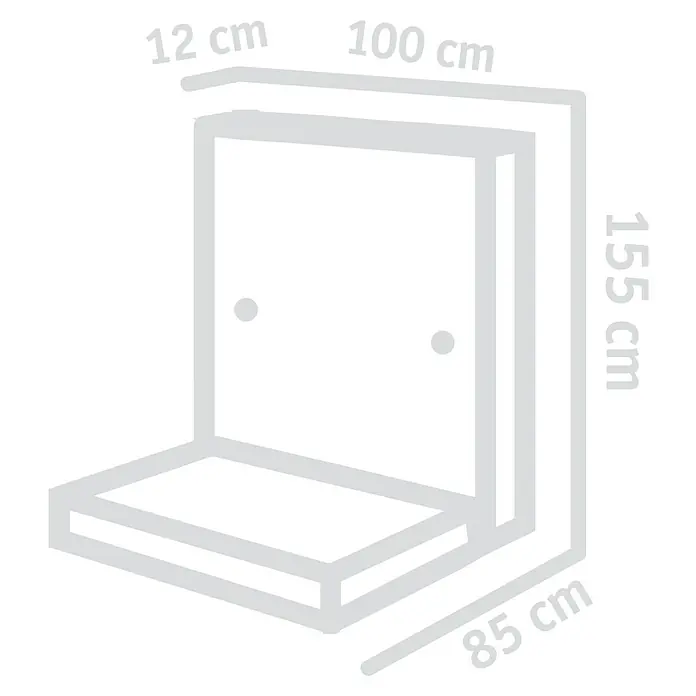 Diephaus L-Stein - 155 cm, 100 cm, Stärke: 12 cm, Grau - Abbildung eines Eckduschsitzes mit Maßangaben, der Funktionalität und Raumeffizienz im Badezimmer bietet.