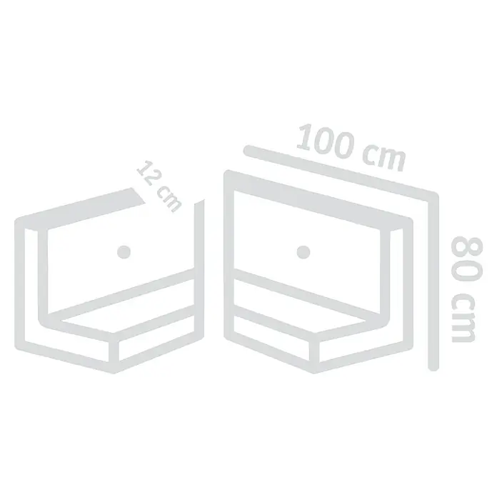 Diephaus L-Stein Außenecke - 80 cm, 100 cm, Stärke: 12 cm, Grau - Abbildung zweier würfelförmiger, wandmontierter Regale in hellgrauer Farbe mit den Maßen 12, 80 und 100 cm.
