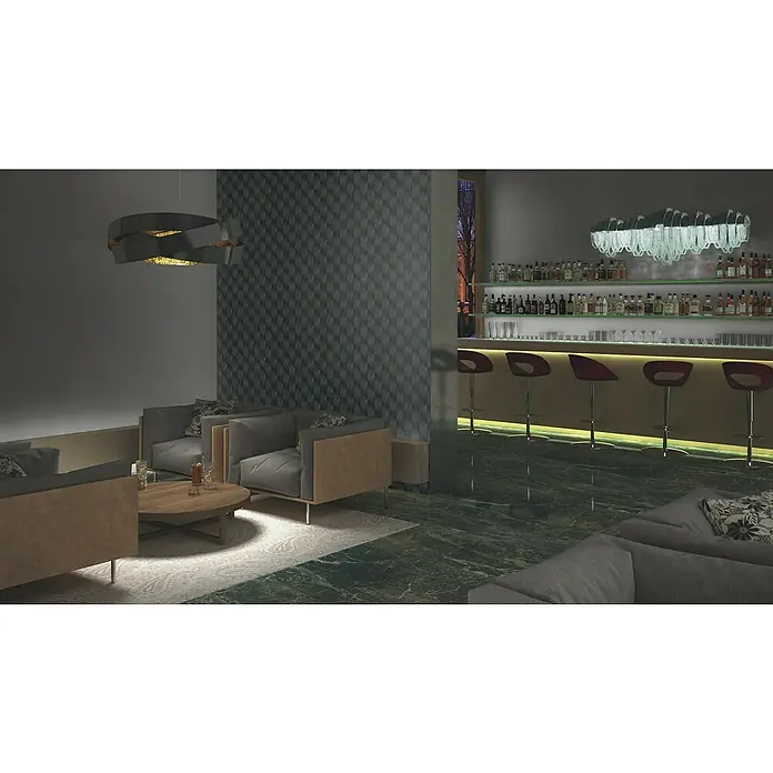 Rasch Tropical House Vliestapete - Schwarz, Uni, 10,05 x 0,53 m - Einladende Hotelbar mit stilvollen Sesseln und Barhockern. Die moderne Beleuchtung setzt elegante Akzente.