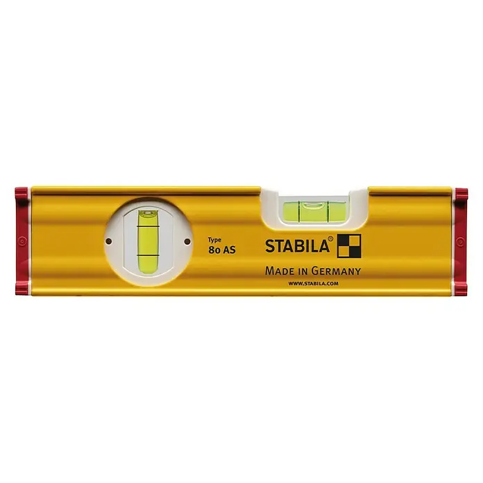 Stabila Wasserwaage TYPE 80 AS - Länge: 20 cm, Anzahl Libellen: 2 Stk. - Ein gelbes Stabila 80 AS Wasserwaage-Werkzeug mit rotem Stoßschutz an den Enden, ideal für präzise Messungen.