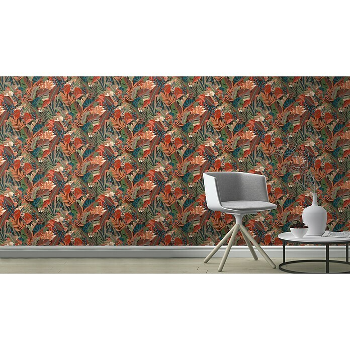 Rasch Tropical House Vliestapete Dschungel (Rot, Floral, 10,05 x 0,53 m) | BAUHAUS