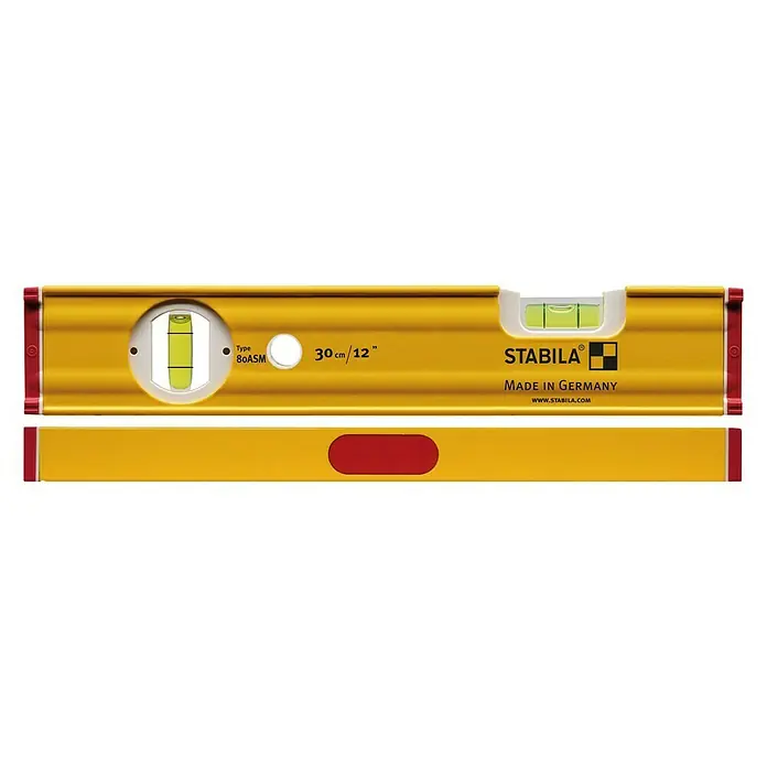 Stabila Wasserwaage TYPE 80 ASM - Länge: 30 cm, Anzahl Libellen: 2 Stk. - Eine gelbe Stabila Wasserwaage, Modell 80ASM, mit einer Länge von 30 cm/12 Zoll, hergestellt in Deutschland.