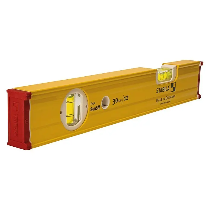 Stabila Wasserwaage TYPE 80 ASM - Länge: 30 cm, Anzahl Libellen: 2 Stk. - Gelbe Wasserwaage von Stabila, Modell 80ASM, 30 cm lang, zur präzisen Ausrichtung von Objekten.