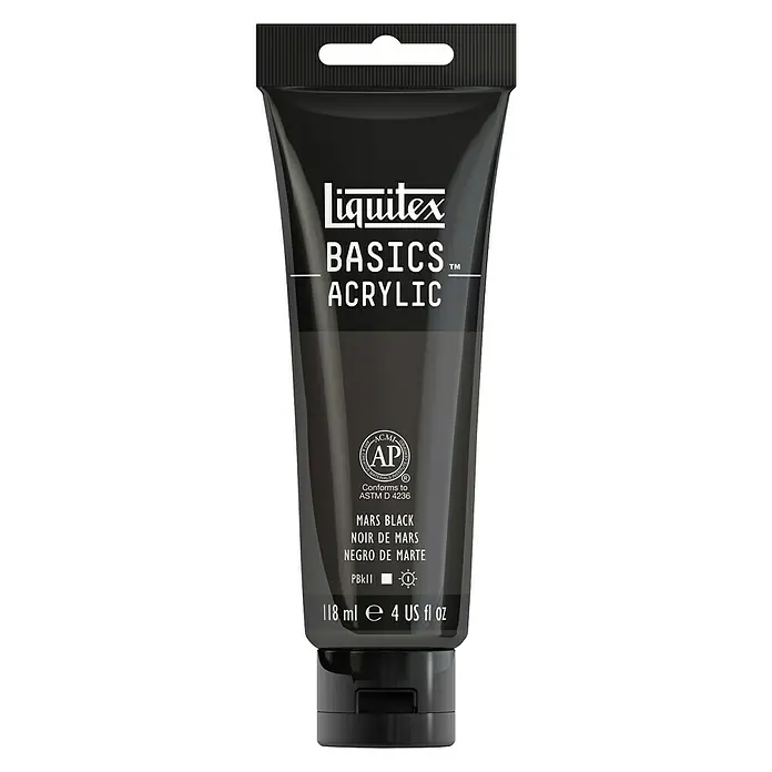 Liquitex Basics Acrylfarbe - Marsschwarz, 118 ml - Eine Tube Liquitex Basics Acrylfarbe in Mars Black, ideal für Künstler und Hobbybastler. Die Farbe ist hochpigmentiert und lässt sich gut verarbeiten.