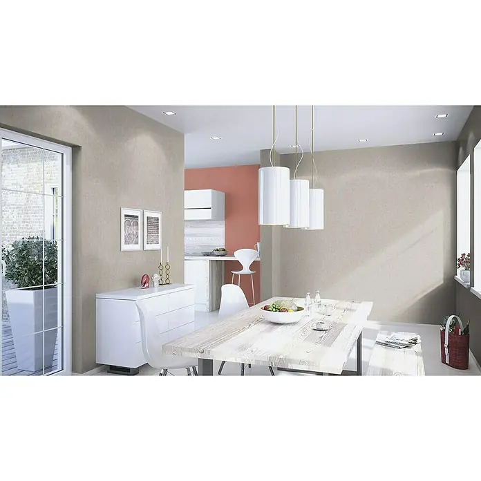 Rasch LOFT Vliestapete Uni - Grau, Betonoptik, 10,05 x 0,53 m - Modernes Esszimmer mit Esstisch, weißen Stühlen, Sideboard und stilvoller Beleuchtung für eine gemütliche Atmosphäre.