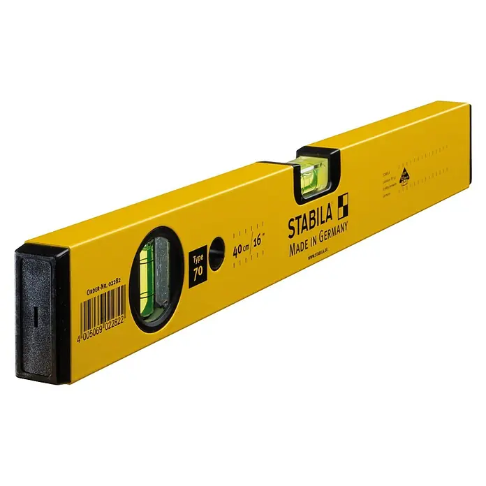 Stabila Wasserwaage Typ 70 - Länge: 40 cm, Aluminium - Gelbe Stabila Wasserwaage Typ 70, 40 cm/16" mit schwarzer Endkappe und Blase. Das Produkt ist "Made in Germany".