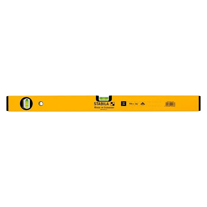 Stabila Wasserwaage Typ 70 - Länge: 150 cm, Aluminium - Abbildung einer gelben Stabila Wasserwaage Typ 70, hergestellt in Deutschland, zum präzisen Ausrichten und Messen im Bauwesen.