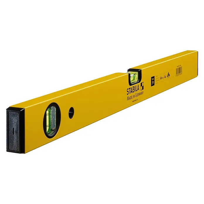 Stabila Wasserwaage Typ 70 - Länge: 60 cm, Aluminium - Eine gelbe Stabila Wasserwaage Typ 70, hergestellt in Deutschland, für präzise Messungen in Handwerk und Bau.
