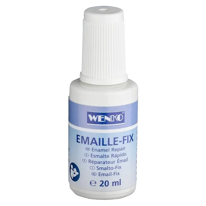 Wenko Reparatur-Lackstift Emaille-Fix - 20 ml, Weiß - Nahaufnahme einer Flasche WENKO Emaille-Fix, einem Emaille-Reparaturprodukt, mit blau-weißer Etikettierung.