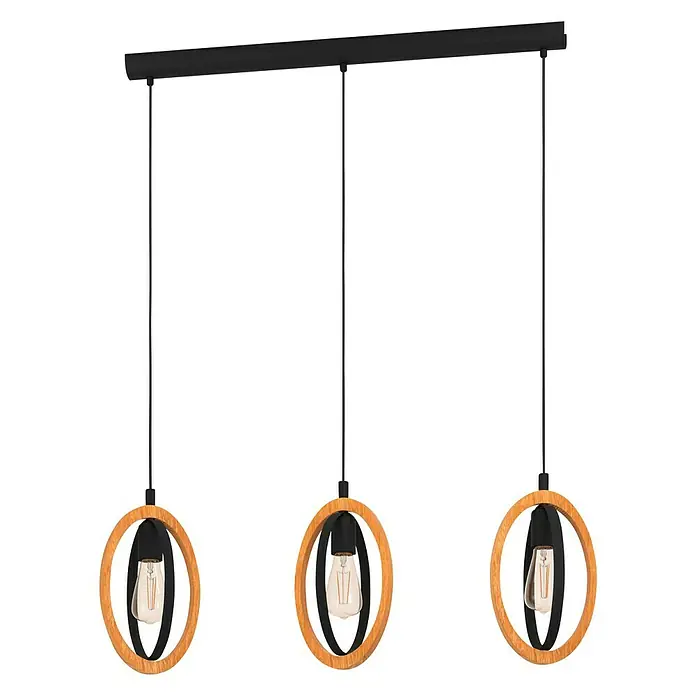 Eglo Basildon Lámpara colgante - 120 W, Ø x Al: 16 x 110 cm, Negro, E27 - Elegante lámpara colgante con tres luces y elegantes anillos de madera. Esta lámpara es un verdadero punto de atracción y crea un ambiente agradable.