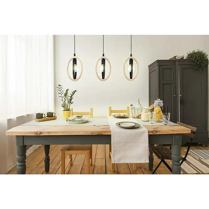 Eglo Basildon Hängelampe - 120 W, Ø x H: 16 x 110 cm, Schwarz, E27 - Elegante Pendelleuchten aus Holz und Metall über einem Esstisch, die ein warmes Licht für gemütliche Mahlzeiten spenden. Diese Leuchten setzen Akzente.