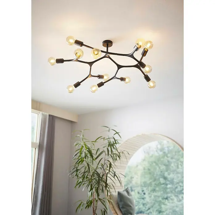 Eglo Bocadella Plafón redondo - 720 W, Ø x Al: 92 x 36 cm, Negro, E27 - Moderna lámpara de techo con ramas abstractas y bombillas brillantes y cálidas. La lámpara llama mucho la atención.