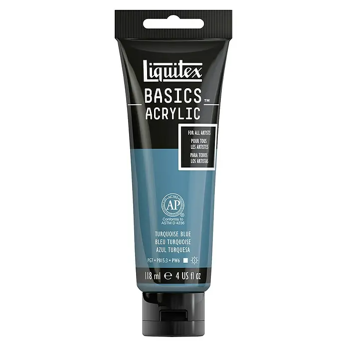 Liquitex Basics AcrylfarbeTürkisblau, 118 ml - Produktbild einer Tube Liquitex Basics Acrylic Farbe in Türkisblau mit allen Produktinformationen auf der Vorderseite.