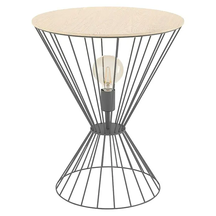 Eglo Lámpara decorativa redonda Desierto - Diámetro: 45 cm - Esta imagen muestra una elegante lámpara de mesa con una tapa de madera y una pantalla única de alambre metálico gris que encierra una bombilla.