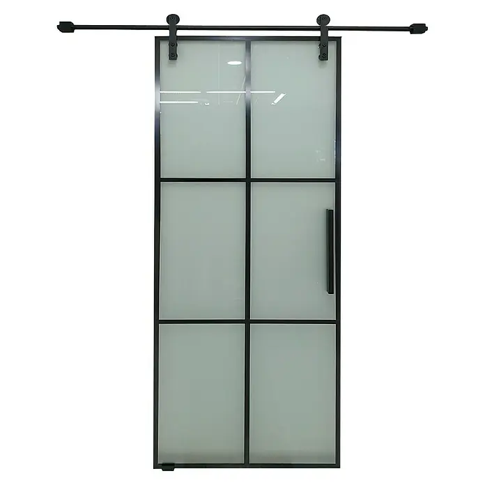 Puerta corredera de vidrio Portals - 85 x 215 cm, Vidrio templado - Elegante puerta corredera con marco negro y vidrio esmerilado, ideal para interiores modernos.