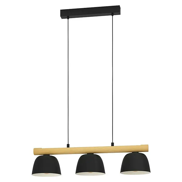 Eglo Lámpara colgante Sherburn - 120 W, L x An x Al: 20 x 77 x 110 cm, Negro/Madera, E27 - Una lámpara colgante con tres pantallas negras y una barra de madera como suspensión. La lámpara es moderna y elegante.